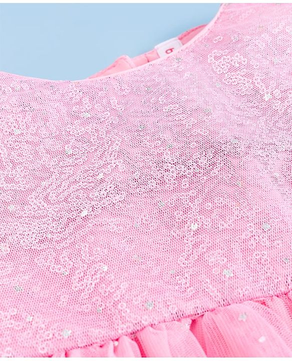 Babyhug Soft Mesh Half Sleeves Fit & Flare Party Dress With Digital Unicorn Print & Sequins Detailing on Yoke - Pink