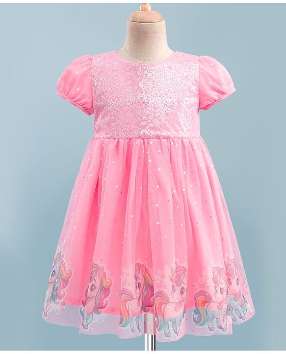 Babyhug Soft Mesh Half Sleeves Fit & Flare Party Dress With Digital Unicorn Print & Sequins Detailing on Yoke - Pink