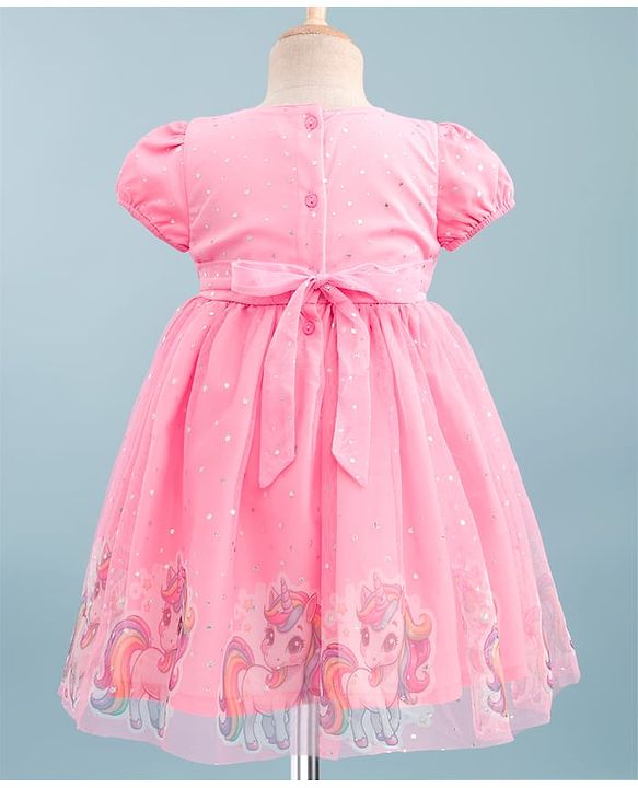 Babyhug Soft Mesh Half Sleeves Fit & Flare Party Dress With Digital Unicorn Print & Sequins Detailing on Yoke - Pink