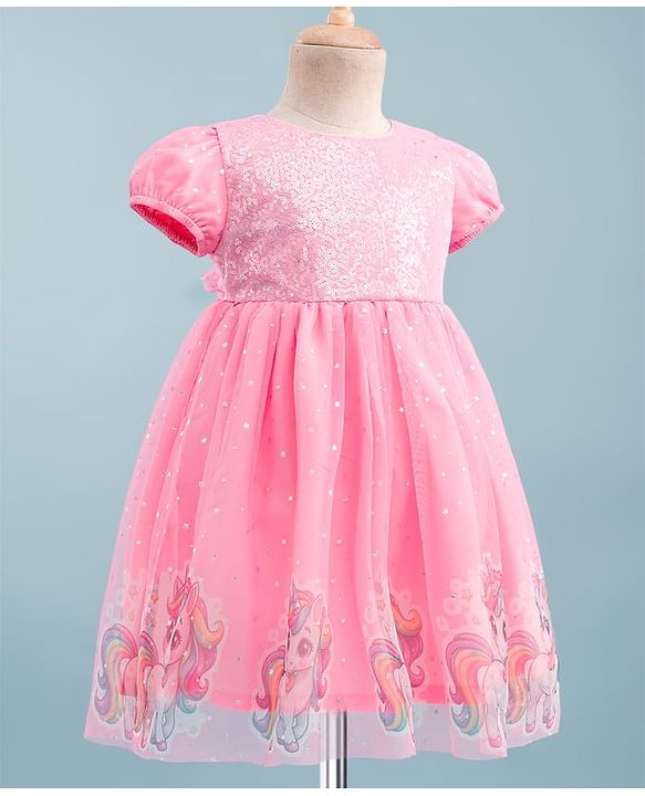 Babyhug Soft Mesh Half Sleeves Fit & Flare Party Dress With Digital Unicorn Print & Sequins Detailing on Yoke - Pink