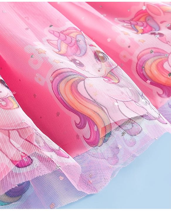 Babyhug Soft Mesh Half Sleeves Fit & Flare Party Dress With Digital Unicorn Print & Sequins Detailing on Yoke - Pink