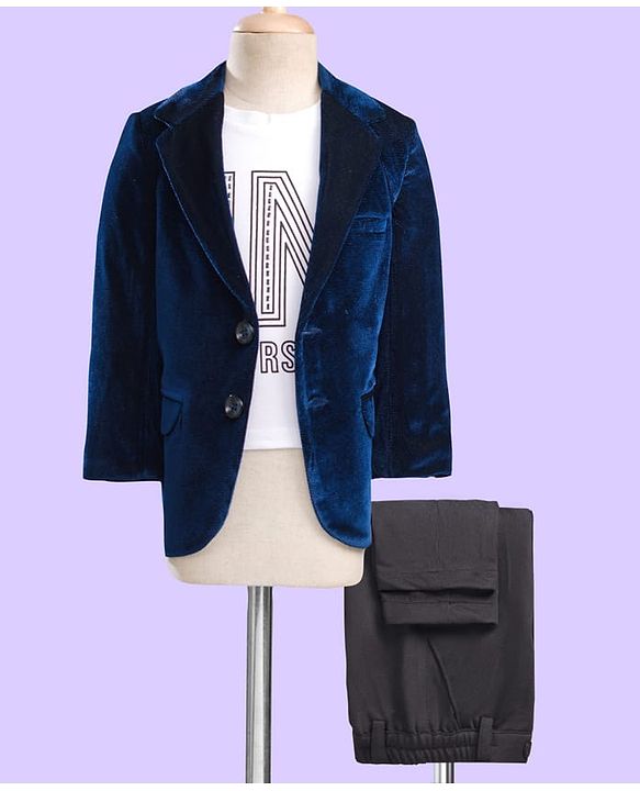 Babyhug Velour Knit Full Sleeves T-Shirt Trouser & Blazer Set with Believe in Yourself Print - Blue White & Grey