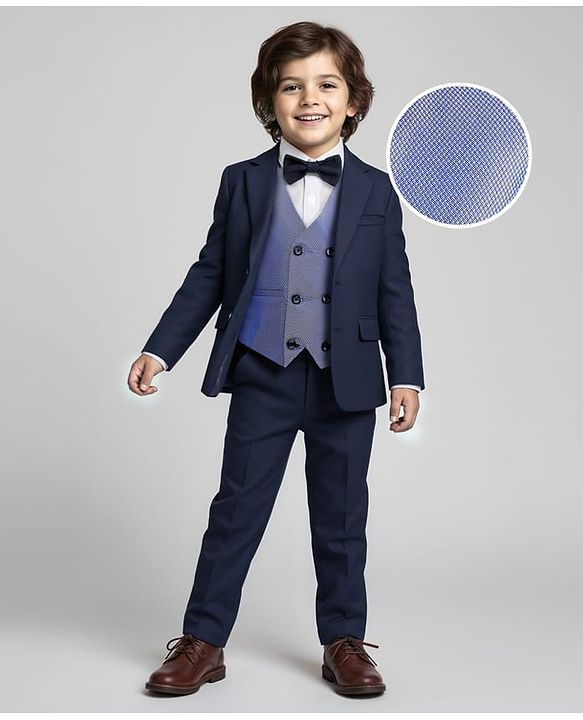 Babyhug Knit Full Sleeves Solid 4 Piece Party Suit With Bow - Navy Blue