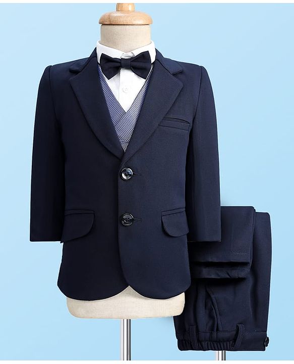 Babyhug Knit Full Sleeves Solid 4 Piece Party Suit With Bow - Navy Blue
