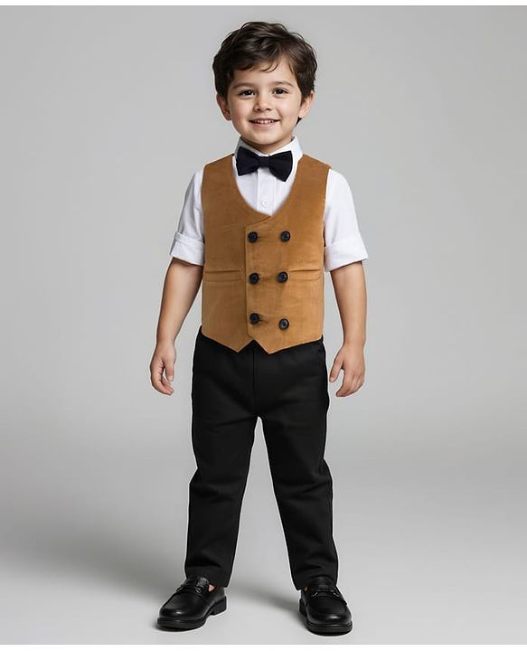 Babyhug Woven Full Sleeves Solid Color 3 Piece Party Suit with Bow - Tan