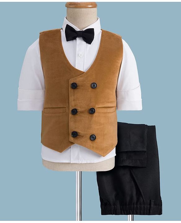 Babyhug Woven Full Sleeves Solid Color 3 Piece Party Suit with Bow - Tan