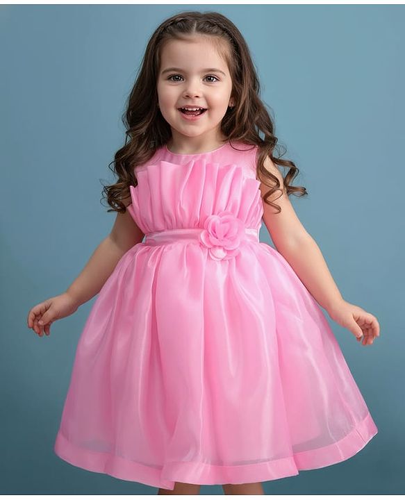 Babyhug Woven Sleeveless Solid Party Dress With Floral Applique - Baby Pink