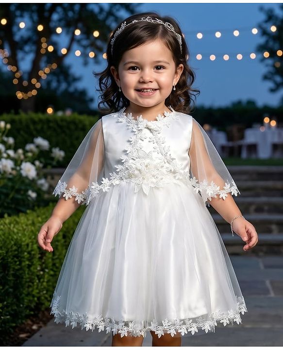 Babyhug Woven Sleeveless Mesh Party Dress with Shrug Floral Design & Pearl Detailing - White