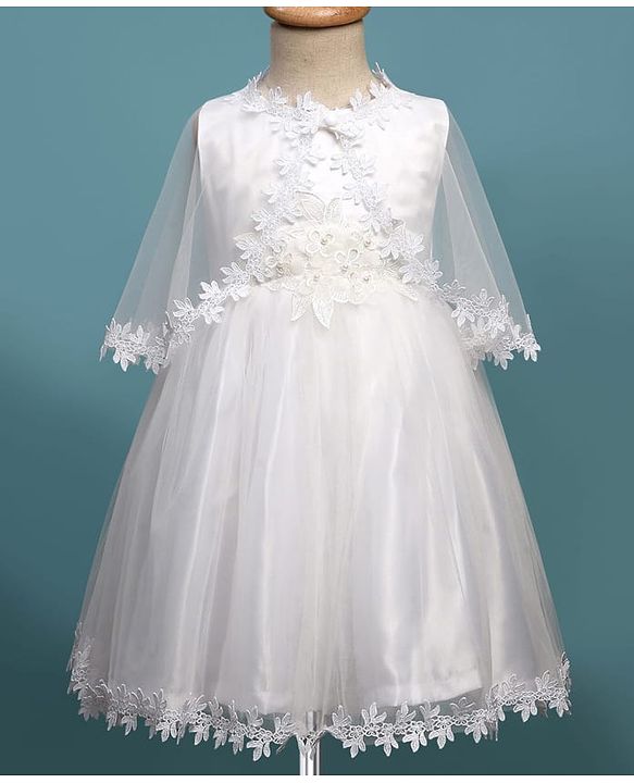 Babyhug Woven Sleeveless Mesh Party Dress with Shrug Floral Design & Pearl Detailing - White