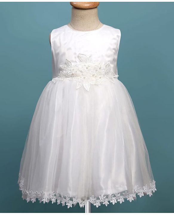 Babyhug Woven Sleeveless Mesh Party Dress with Shrug Floral Design & Pearl Detailing - White
