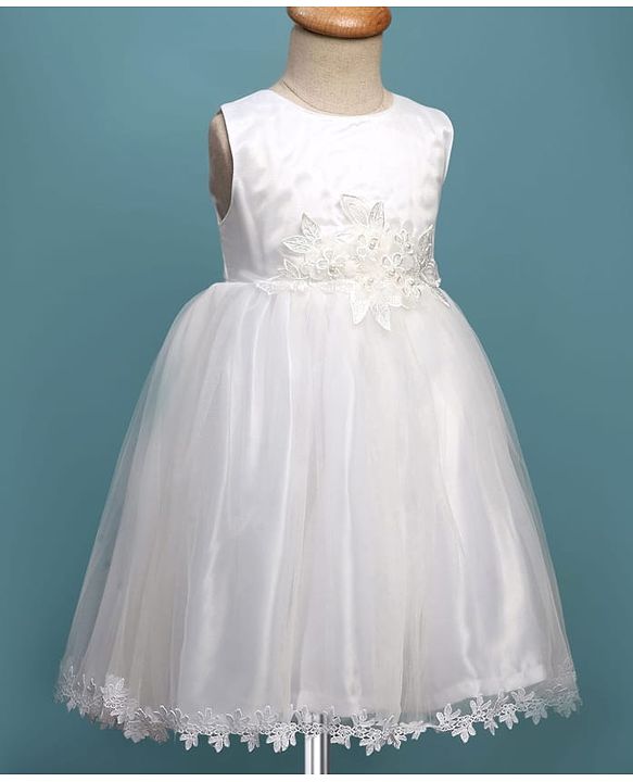 Babyhug Woven Sleeveless Mesh Party Dress with Shrug Floral Design & Pearl Detailing - White