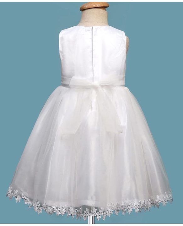 Babyhug Woven Sleeveless Mesh Party Dress with Shrug Floral Design & Pearl Detailing - White