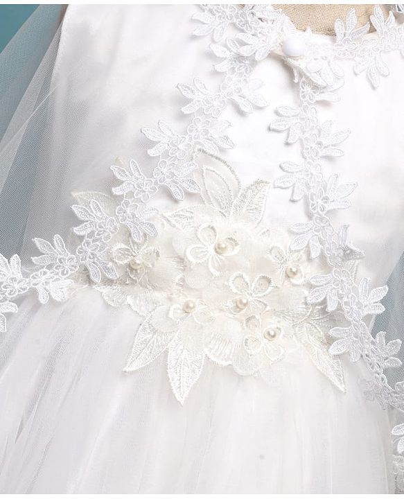 Babyhug Woven Sleeveless Mesh Party Dress with Shrug Floral Design & Pearl Detailing - White