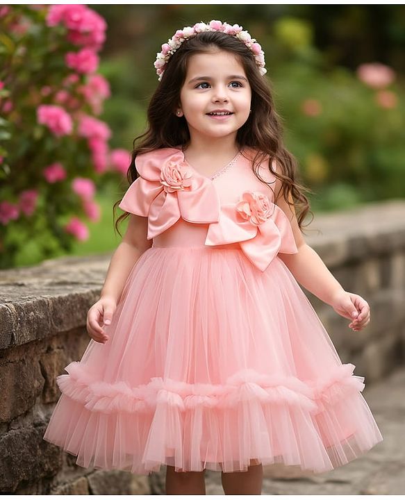 Babyhug Woven Sleeveless Fit & Flare Partywear Mesh Dress With Floral Corsage - Peach