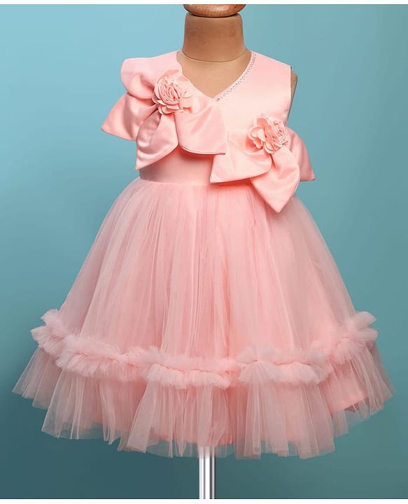 Babyhug Woven Sleeveless Fit & Flare Partywear Mesh Dress With Floral Corsage - Peach