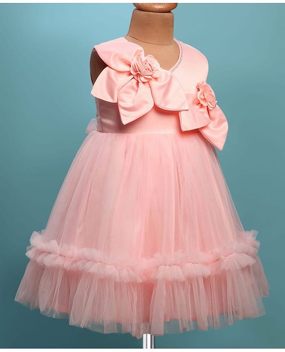 Babyhug Woven Sleeveless Fit & Flare Partywear Mesh Dress With Floral Corsage - Peach