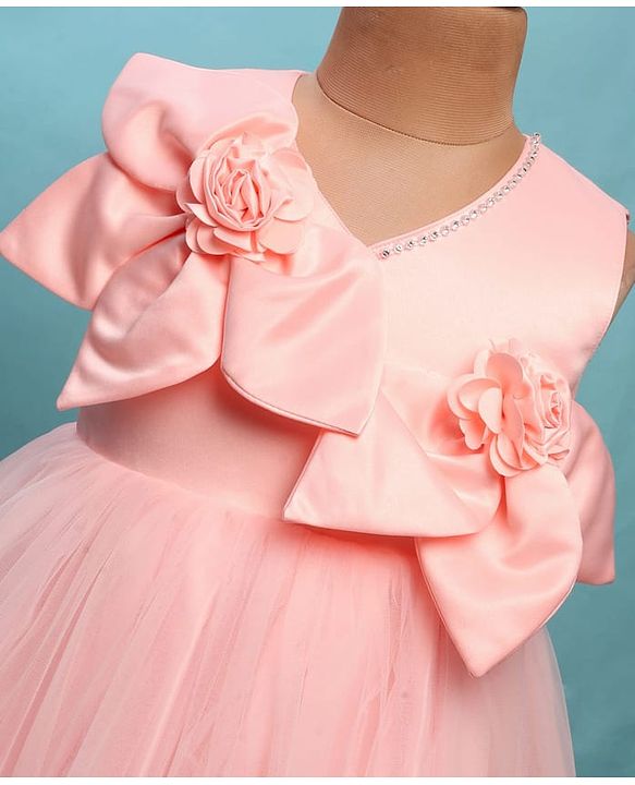Babyhug Woven Sleeveless Fit & Flare Partywear Mesh Dress With Floral Corsage - Peach