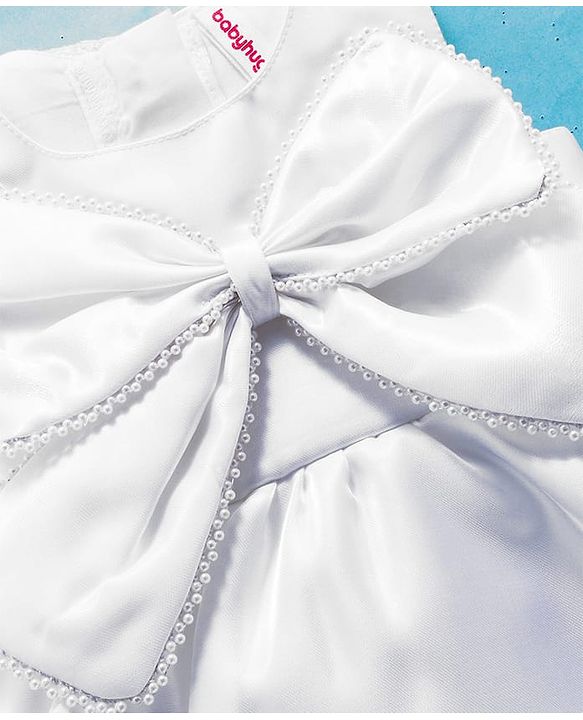 Babyhug Woven Sleeveless Solid Party Dress With Pearl Bow Appllique - White