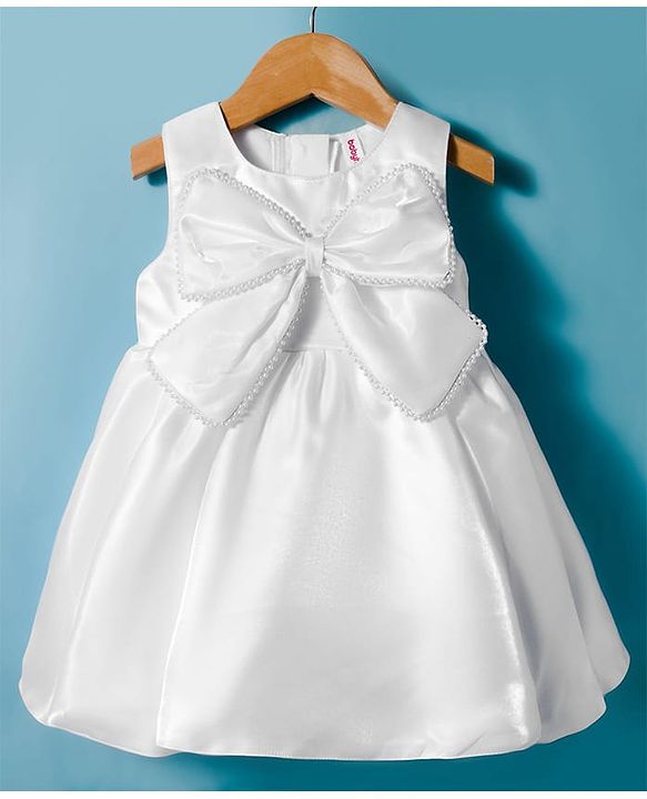 Babyhug Woven Sleeveless Solid Party Dress With Pearl Bow Appllique - White