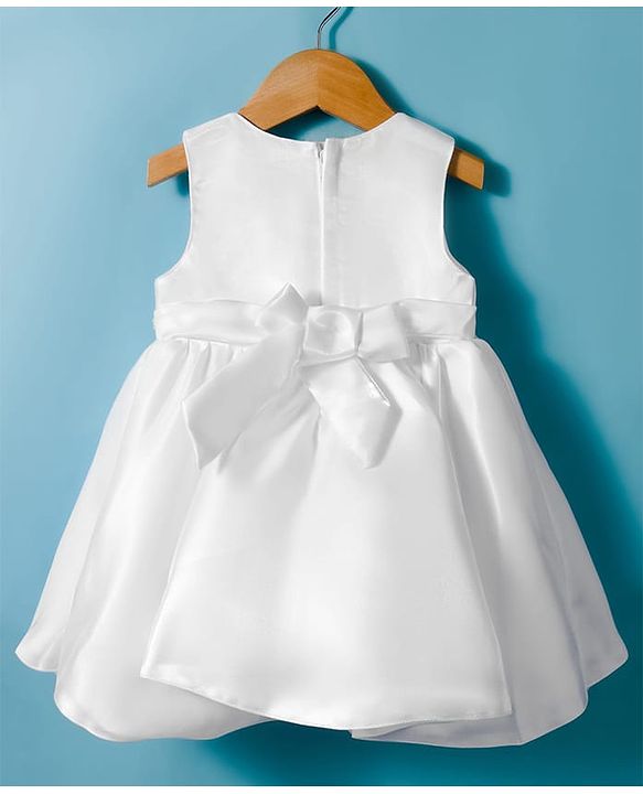 Babyhug Woven Sleeveless Solid Party Dress With Pearl Bow Appllique - White