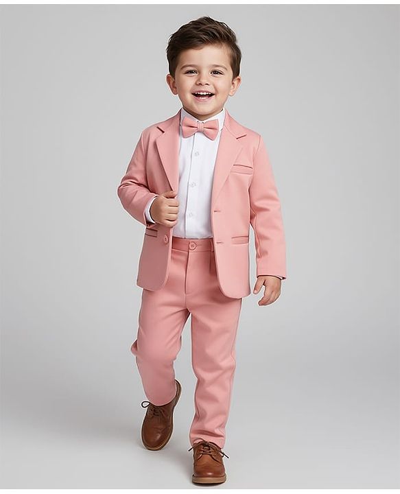 Babyhug Knit Full Sleeves Solid Color 3 Piece Party Suit with Bow - Pink