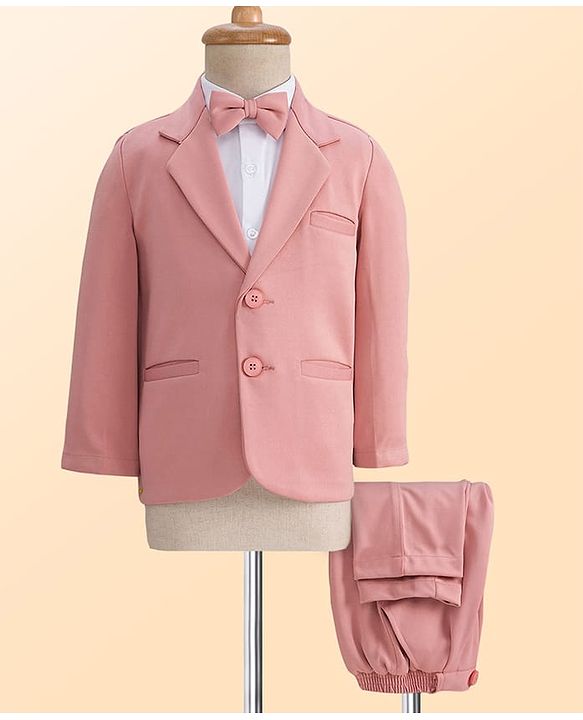 Babyhug Knit Full Sleeves Solid Color 3 Piece Party Suit with Bow - Pink