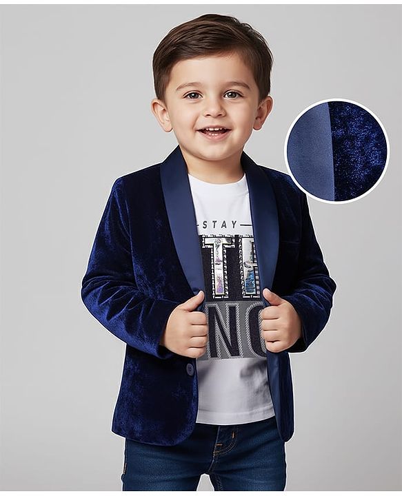 Babyhug Velour Knit Full Sleeves Solid Blazer With Strong Text Printed T-Shirt - Navy Blue & White