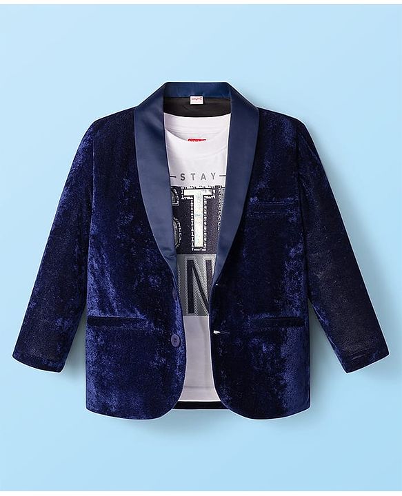 Babyhug Velour Knit Full Sleeves Solid Blazer With Strong Text Printed T-Shirt - Navy Blue & White