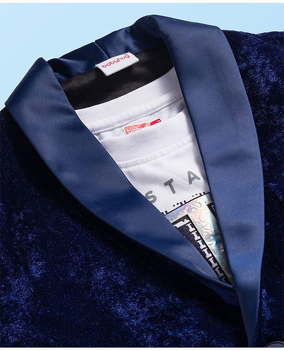 Babyhug Velour Knit Full Sleeves Solid Blazer With Strong Text Printed T-Shirt - Navy Blue & White