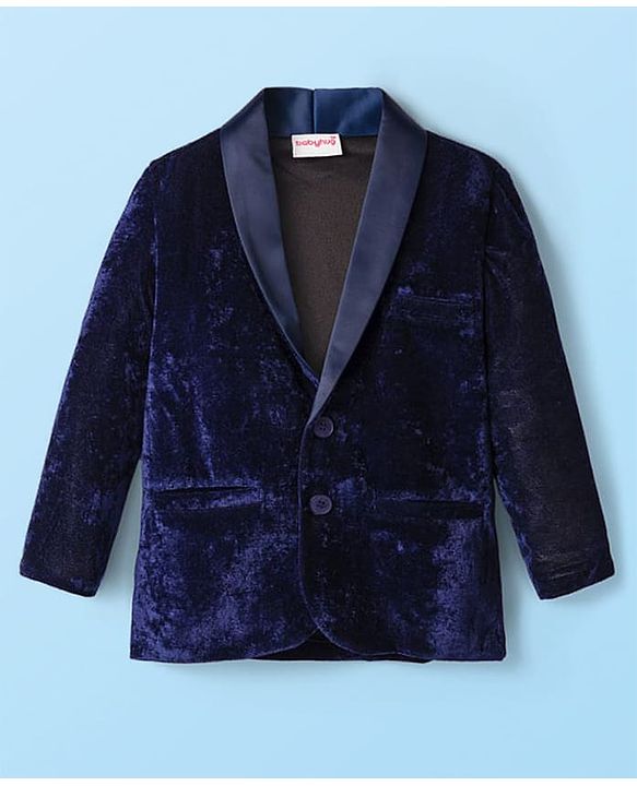 Babyhug Velour Knit Full Sleeves Solid Blazer With Strong Text Printed T-Shirt - Navy Blue & White