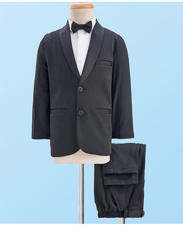 Babyhug Knit Full Sleeves Solid Three Piece Party Suit Set with Bow - Black