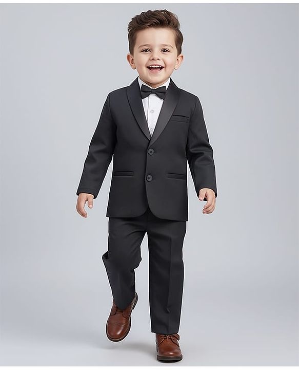 Babyhug Knit Full Sleeves Solid Three Piece Party Suit Set with Bow - Black