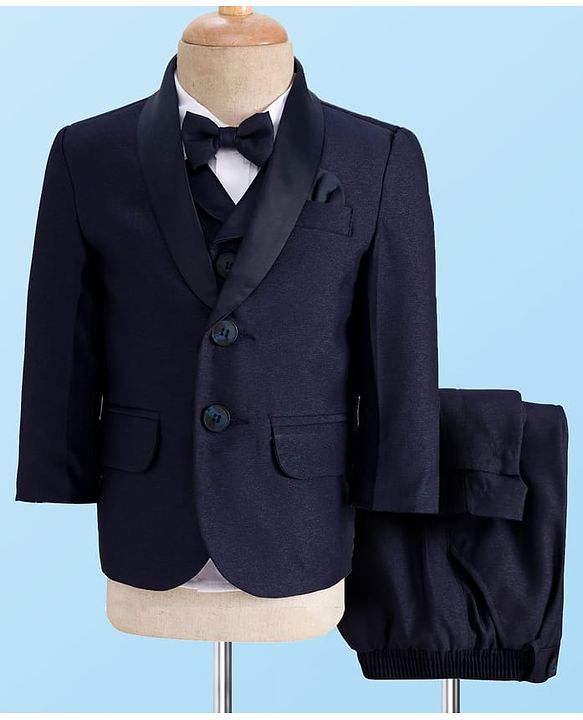 Babyhug Woven Four Piece Party Suit Set with Bow - Navy Blue