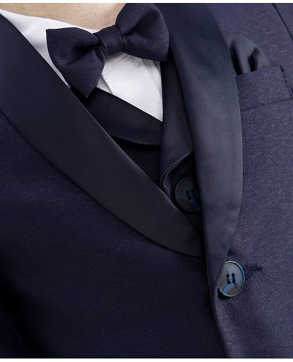 Babyhug Woven Four Piece Party Suit Set with Bow - Navy Blue