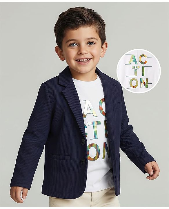 Babyhug Knit Full Sleeves Solid Blazer With Printed T-Shirt - Navy Blue