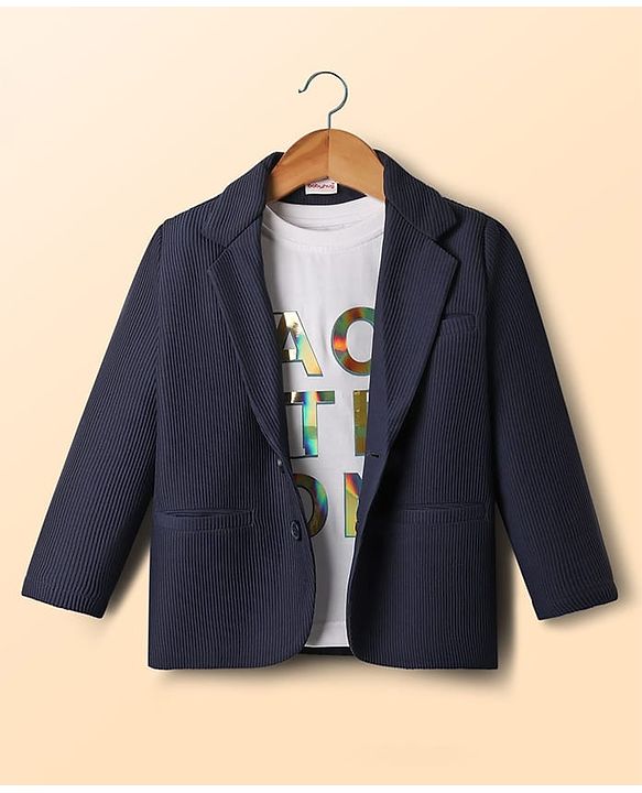 Babyhug Knit Full Sleeves Solid Blazer With Printed T-Shirt - Navy Blue