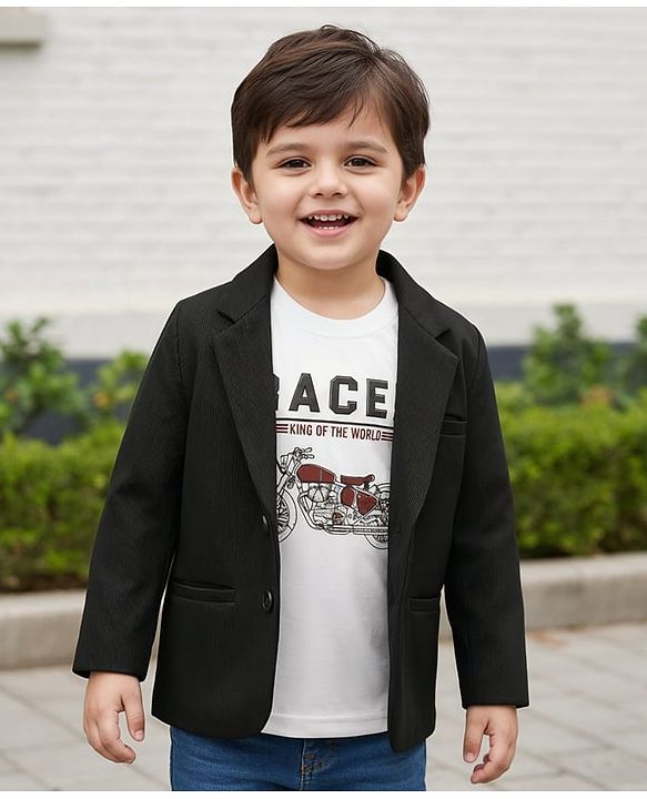 Babyhug Knit Full Sleeves Party Wear Solid Blazer & T-Shirt with Racer Text Print - Black & White