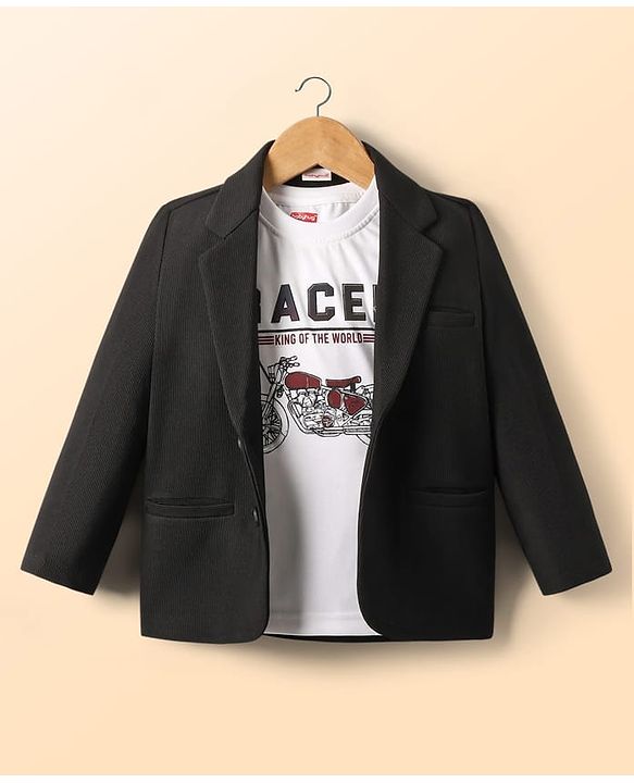 Babyhug Knit Full Sleeves Party Wear Solid Blazer & T-Shirt with Racer Text Print - Black & White
