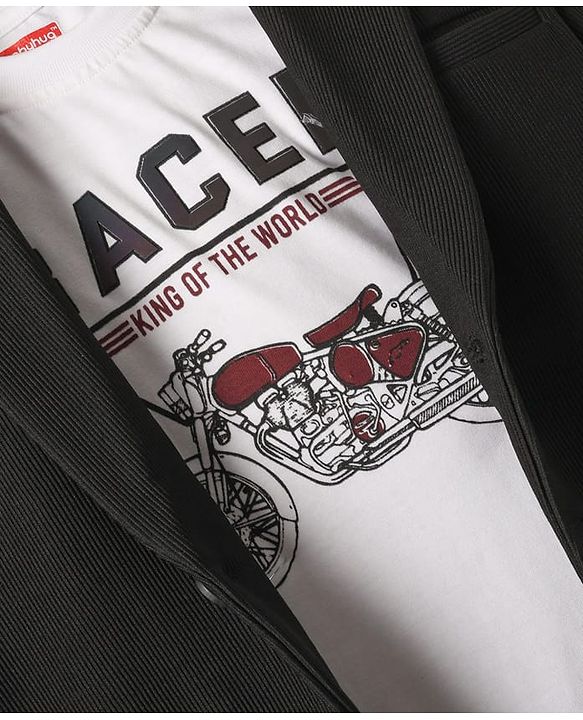 Babyhug Knit Full Sleeves Party Wear Solid Blazer & T-Shirt with Racer Text Print - Black & White