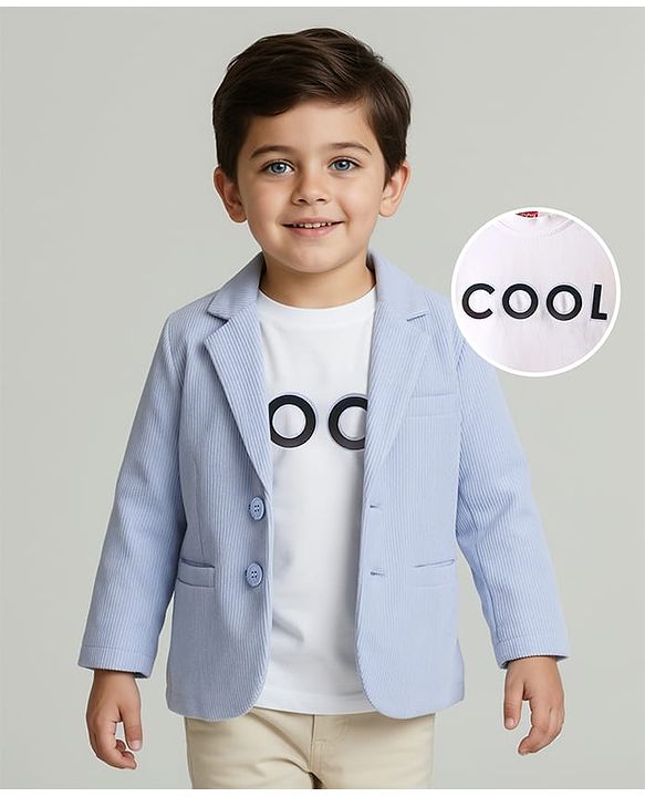 Babyhug Knit Full Sleeves Solid Coloured Partywear Blazer With Printed Tee - Light Blue