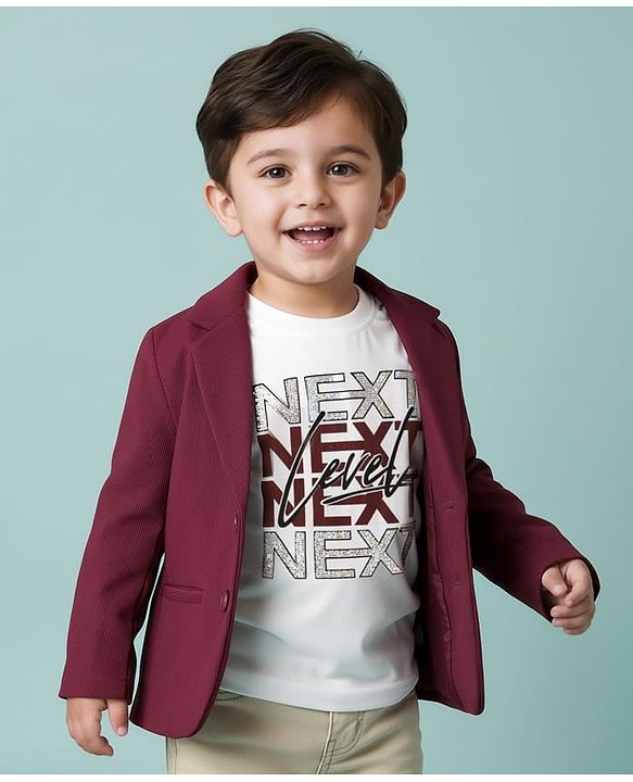 Babyhug Knit Full Sleeves Solid Blazer With Printed T-Shirt - Maroon