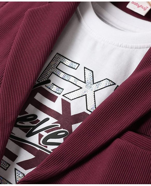Babyhug Knit Full Sleeves Solid Blazer With Printed T-Shirt - Maroon