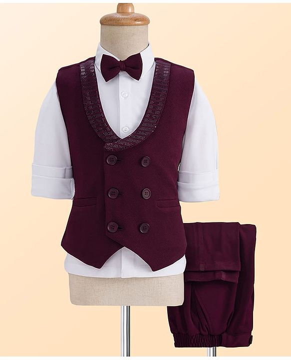 Babyhug Knit Full Sleeves Solid Color 3 Piece Party Suit with Bow - White & Wine