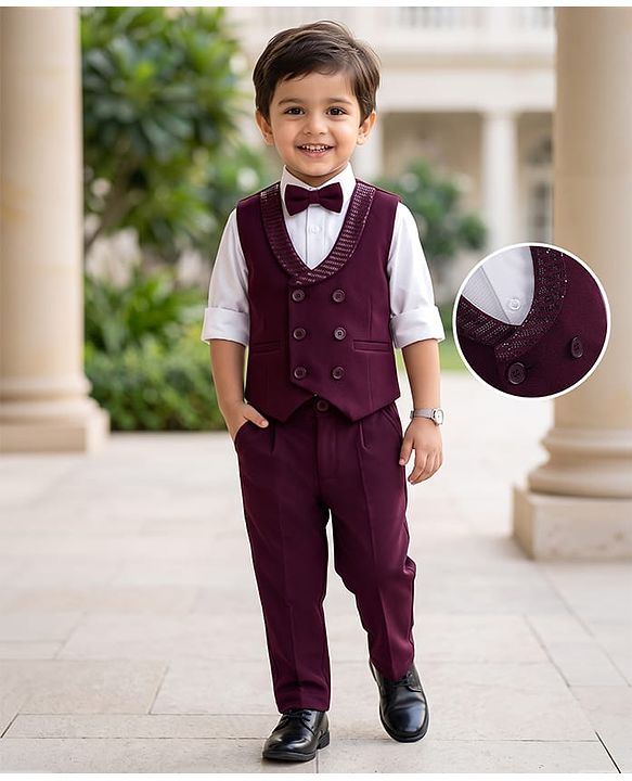 Babyhug Knit Full Sleeves Solid Color 3 Piece Party Suit with Bow - White & Wine