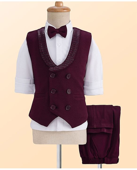Babyhug Knit Full Sleeves Solid Color 3 Piece Party Suit with Bow - White & Wine