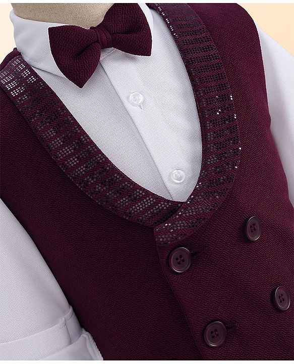 Babyhug Knit Full Sleeves Solid Color 3 Piece Party Suit with Bow - White & Wine