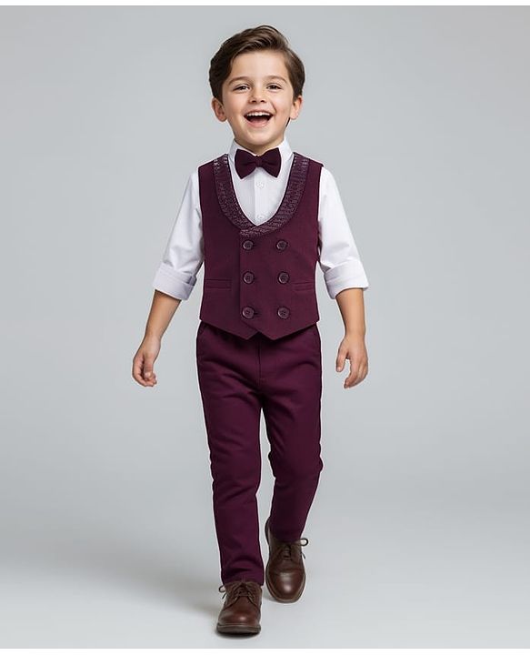 Babyhug Knit Full Sleeves Solid Color 3 Piece Party Suit with Bow - White & Wine