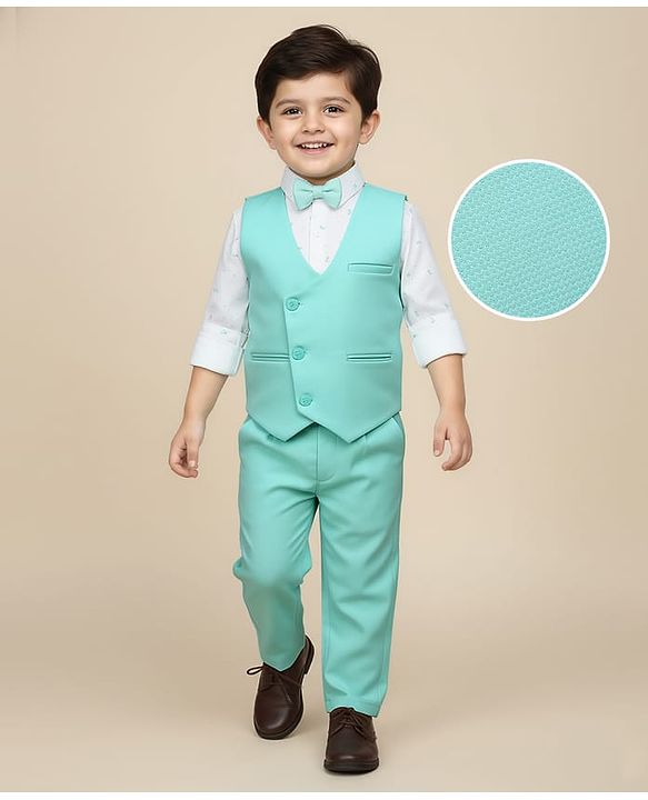 Babyhug Knit Full Sleeves Solid Color 3 Piece Party Suit with Bow Applique - Mint