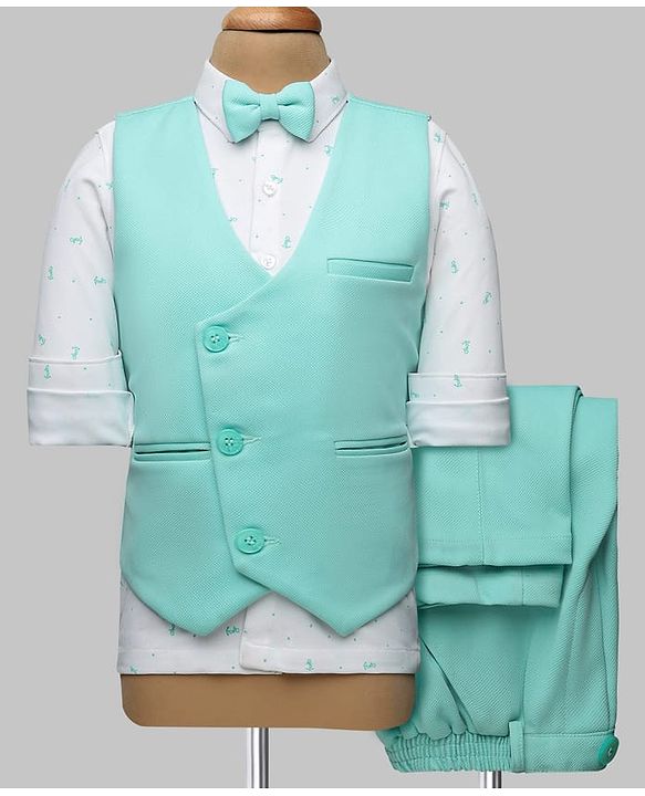Babyhug Knit Full Sleeves Solid Color 3 Piece Party Suit with Bow Applique - Mint