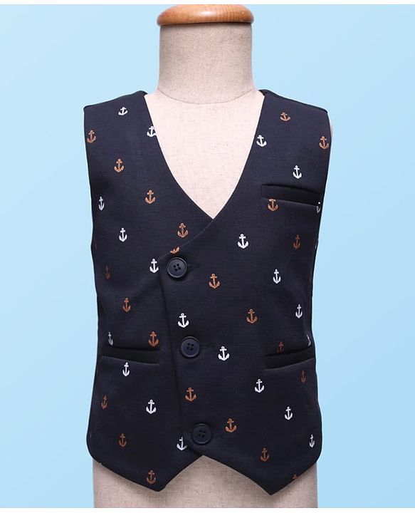 Babyhug Knit Full Sleeves 3 Piece Party Suit with Bow & Anchor Glitter Print - Navy Blue